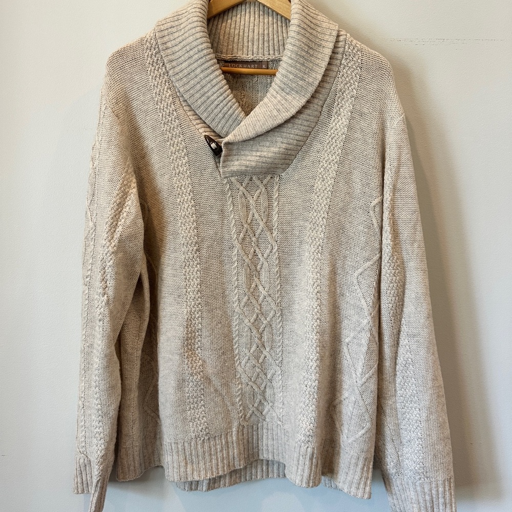 Men's Shawl Collar Cable Knit V-Neck Sweater - Cream